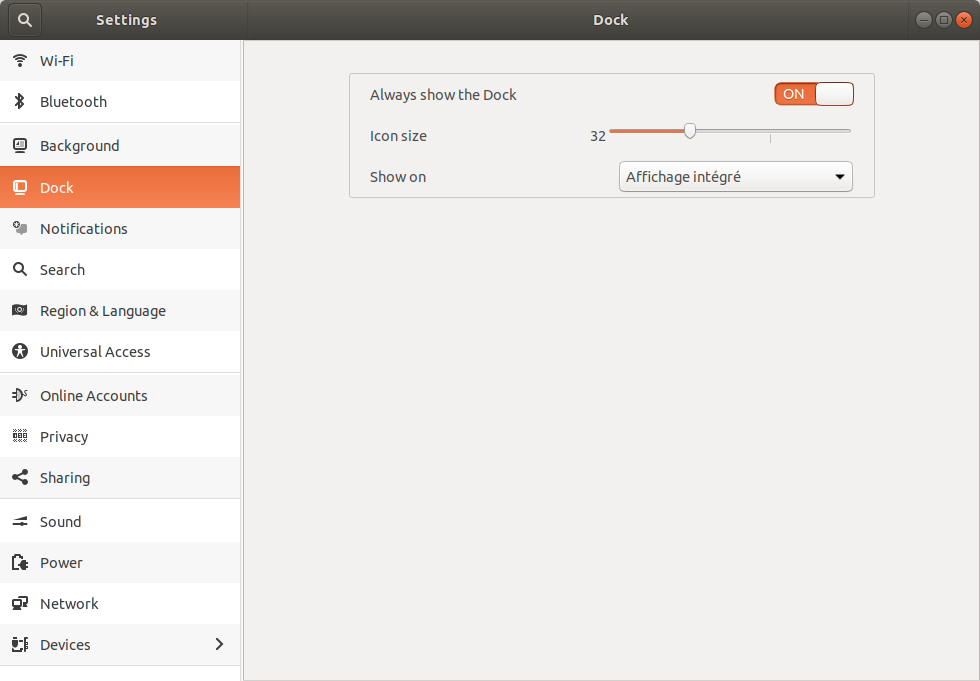 Ubuntu Dock settings panel