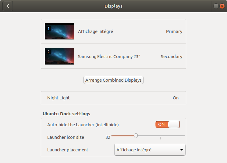 Previous display panel with Ubuntu Dock settings