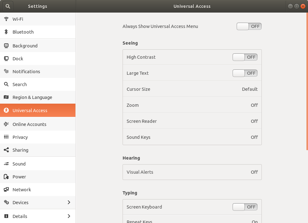 Settings universal access panel before changes