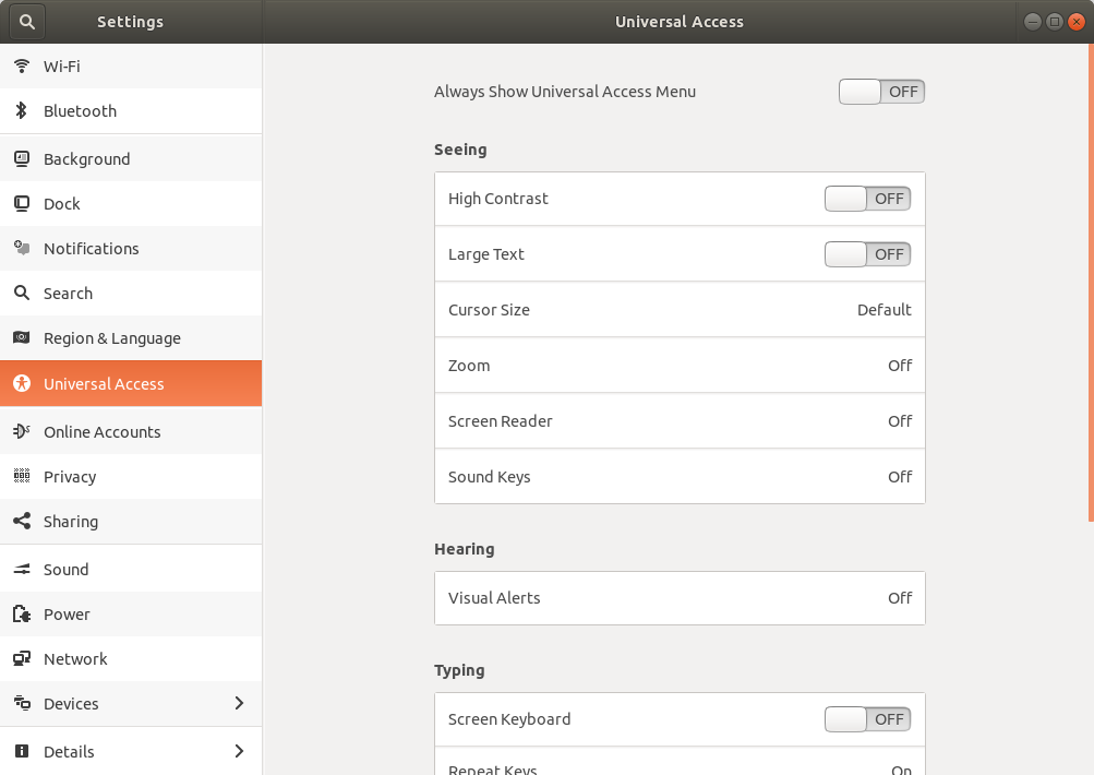 Settings universal access panel after changes